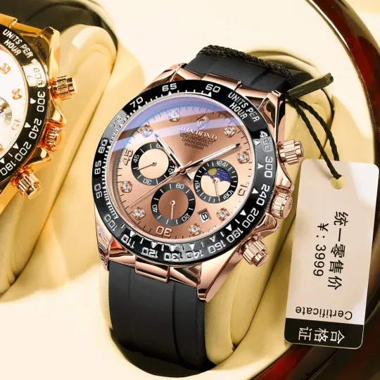 Men’s Chronograph Watch – Rose Gold Dial with Black Silicone Strap